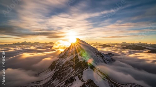 A majestic mountain peak piercing through the clouds, bathed in the warm glow of the sunrise