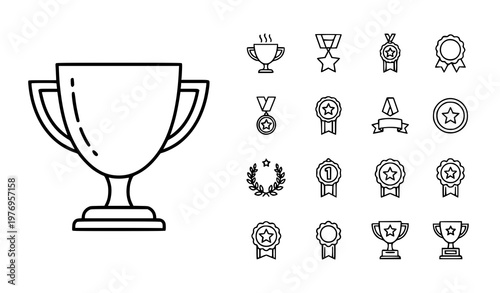Premium award icon set line style achievement outline symbols trophy cup editable vector collection