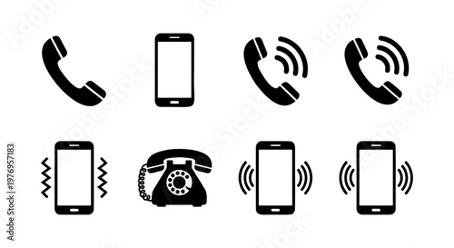 Phone icon set, 8 communication symbols, mobile and landline vector icons
