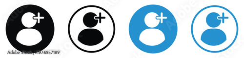 Minimalist add member icons with person silhouette and plus symbol. Ideal for user management, subscription, and social media interfaces.