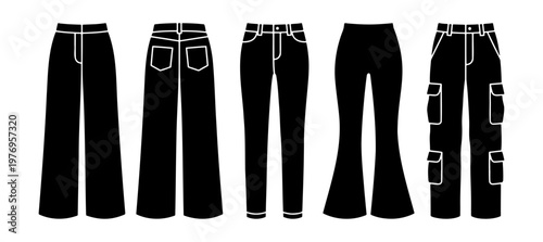 Black denim jeans icons. Set of 5 pants vectors. Cargo and flared trousers.