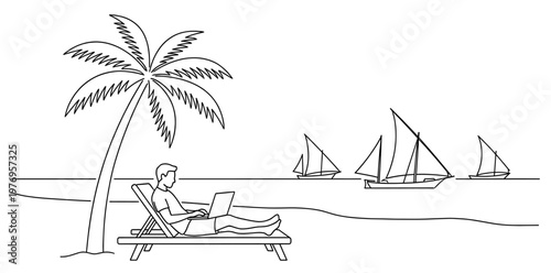Digital nomad working on laptop under palm tree at beach line sketch