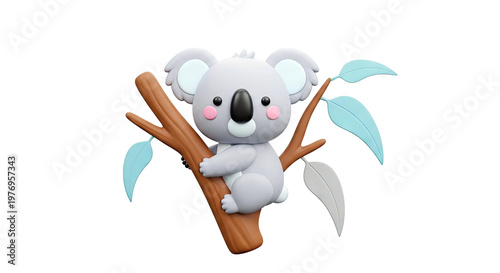 Cute 3D Koala Sitting on a Branch with Leaves