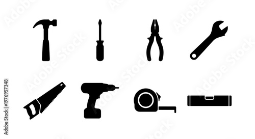 Black work tool icons, construction hardware set, 8 repair tool vectors