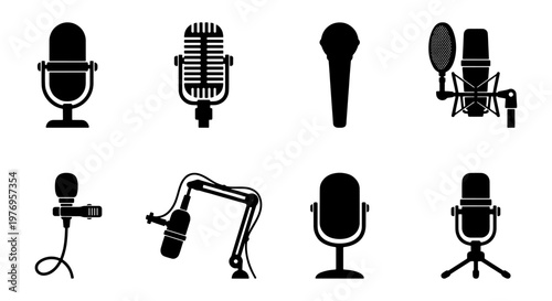 Professional microphone icon set, 8 podcast and studio mic vector symbols