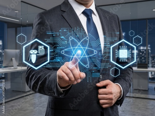 Businessman interacts with futuristic digital interface showing atomic structure AI robot and chip
