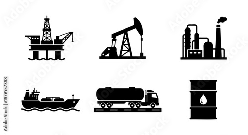 Industrial oil and gas icons, petroleum energy set, fuel production vectors