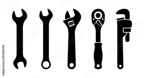 Wrench icon set, mechanical hand tools, 5 black vector repair equipment