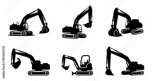 Excavator silhouette set, heavy machinery icons, construction equipment vector
