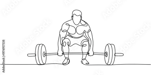 Single line of a muscular man lifting a heavy barbell weightlifting