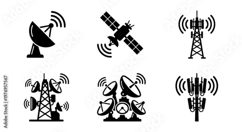 Foto Telecommunication tower icons, satellite dish vector set, 6 antenna symbols