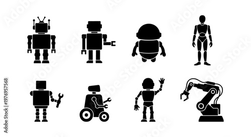 Robot silhouette icons, 8 android character vectors, industrial automation