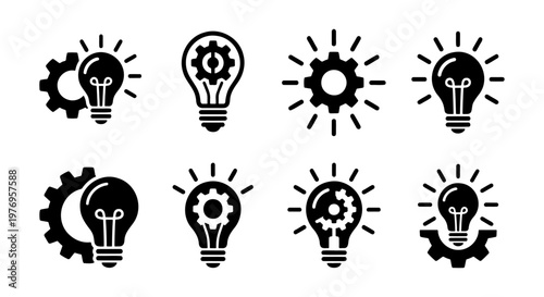 Innovation light bulb icons, 8 gear and lamp vector set, creative idea symbols