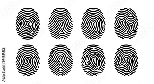 Biometric fingerprint icon set, 8 black vector thumbprint symbols for security