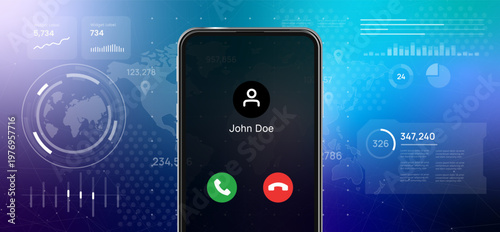 Mobile phone screen showing incoming call green accept and red decline buttons high tech blue background global network data analytical smart phone