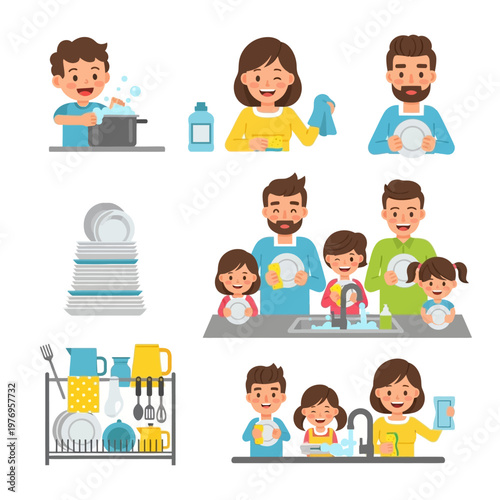 Happy Family Doing Chores Together: Washing Dishes, Cooking, Cleaning Kitchen