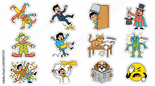 Collection of funny and expressive cartoon character stickers for various situations.