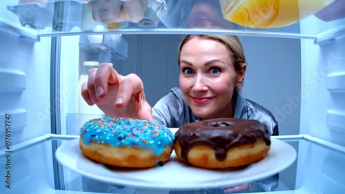 Woman Reaching for Delicious Donuts in Refrigerator Indulging in Sweet Treat.