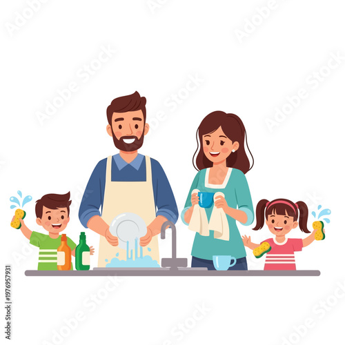 Happy Family Washing Dishes Together, Chores, Home Life