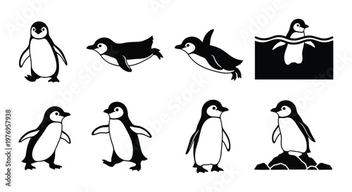 Black Cute Penguin Bird Silhouette Set Vector Illustration Collection Isolated on White Background