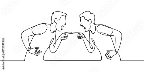 Two men in continuous line style arguing and pointing fingers at each other across a table argument disagreement