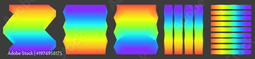 A dramatic vector set showcasing glowing rainbow-colored zigzag lines contrasting sharply against a deep dark background. These vibrant, graphic card elements create striking dividers and frames, suit