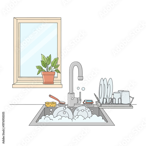Kitchen sink overflowing with soapy dishes, window with plant in background