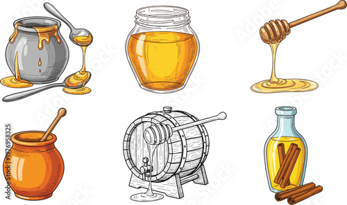 Illustration Set of Honey Jars, Dipping Spoons, Cinnamon Sticks, and Honey Barrel for Organic Sweeteners and Natural Food Design