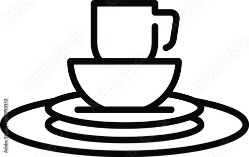 Kitchenware line art depicting stacked dinner plates with soup bowl and coffee cup for home dining and breakfast buffet.