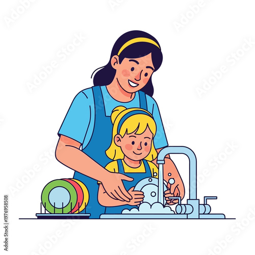 Mother and Daughter Washing Dishes Together at Kitchen Sink, Family Chores