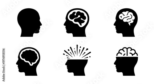 Human brain icons, mental health head silhouettes, 6 vector symbols