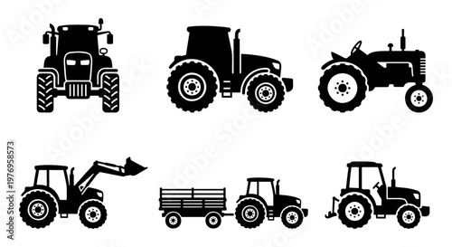 Tractor silhouette icons, farm machinery set, agricultural vehicle vectors