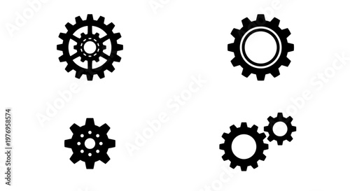 Industrial gear icons, black mechanical cogwheel set, 4 vector gears