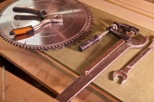 Bilde på lerret Professional woodworking tools on a wooden table
