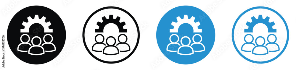 Fototapeta premium Three person silhouettes with a gear overhead. Concept for workforce management, team coordination, human resources, leadership, and operational group efficiency.