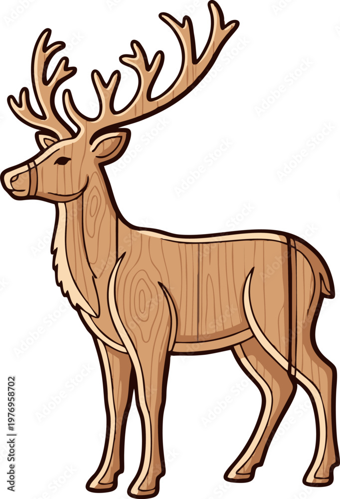 Obraz premium Deer Wooden Statue with Majestic Antlers and Detailed Wood Grain Texture Artistic Illustration