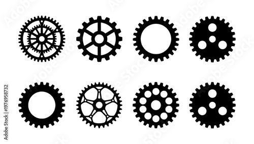 Industrial gear icons set, mechanical cogwheel vector, 8 black gears