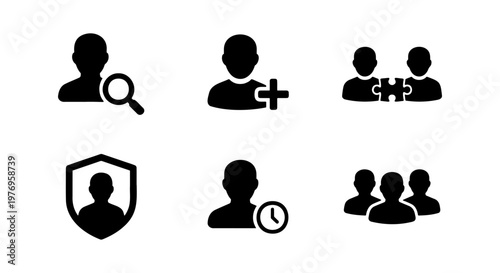 Human resources icons, 6 black user avatar symbols, business profile vectors