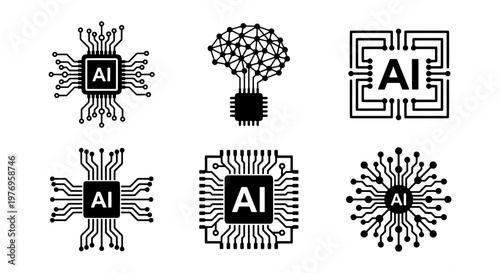 Artificial Intelligence AI chip icons, 6 vector processor circuit symbols