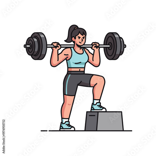 Woman Lifting Barbell on Step Platform: Fitness Workout