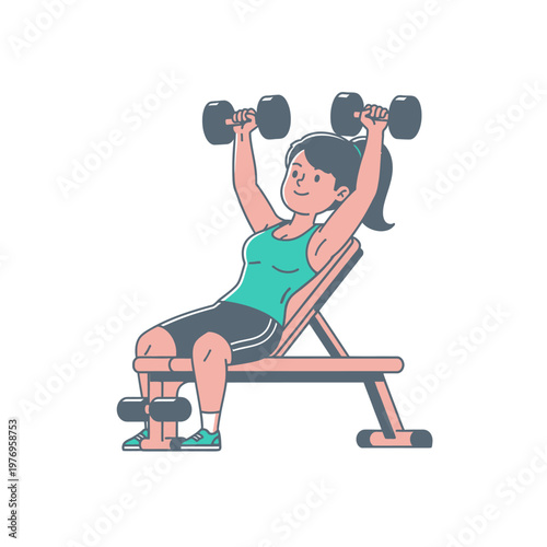 Woman doing dumbbell shoulder press exercise on bench, fitness and workout illustration