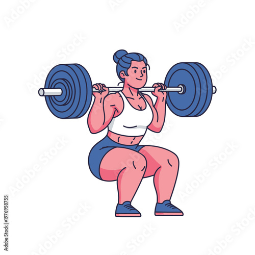 Woman doing barbell squat exercise, fitness, strength training illustration
