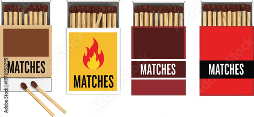 Matches Box Set Illustration Featuring Different Packaging Styles with Classic Red, Yellow, and Flame Designs in Vector Format