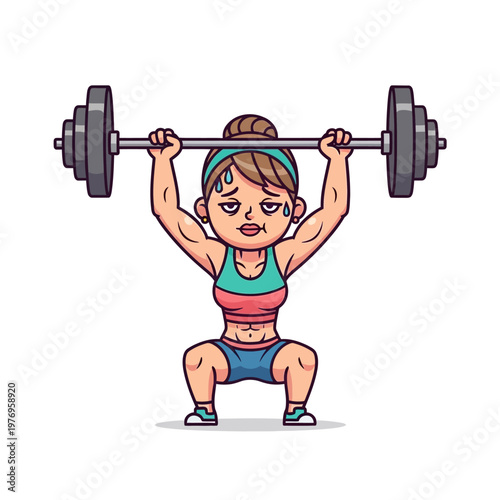 Woman lifting heavy barbell in squat position, determined expression, cartoon style