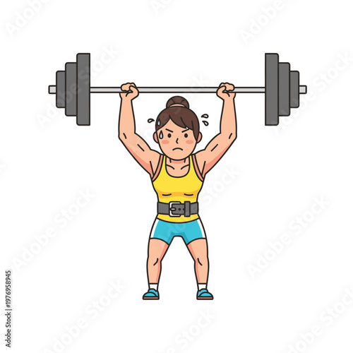 Woman lifting heavy barbell overhead, determined expression, fitness workout, weightlifting