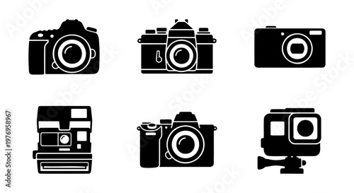 Camera icon set, black photography equipment vectors, 6 digital camera signs