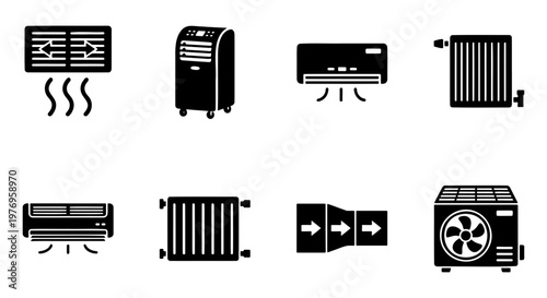 HVAC icon set, air conditioning and heating system vector, 8 black icons