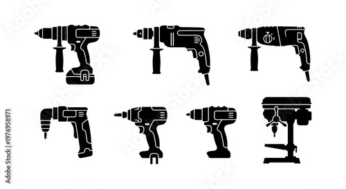 Electric power drill icons, 7 industrial tool vectors, black hardware silhouettes