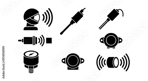 Industrial sensor icon set, 8 black vector symbols for automation systems