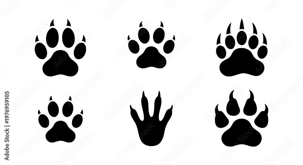 Fototapeta premium Animal paw prints with claws, 6 black predator track icons, vector set
